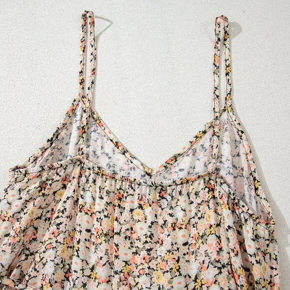 B279 Khaki Boho Floral Print Tie Waist Flared Suspender Mini Dress - Picture 9 of 14